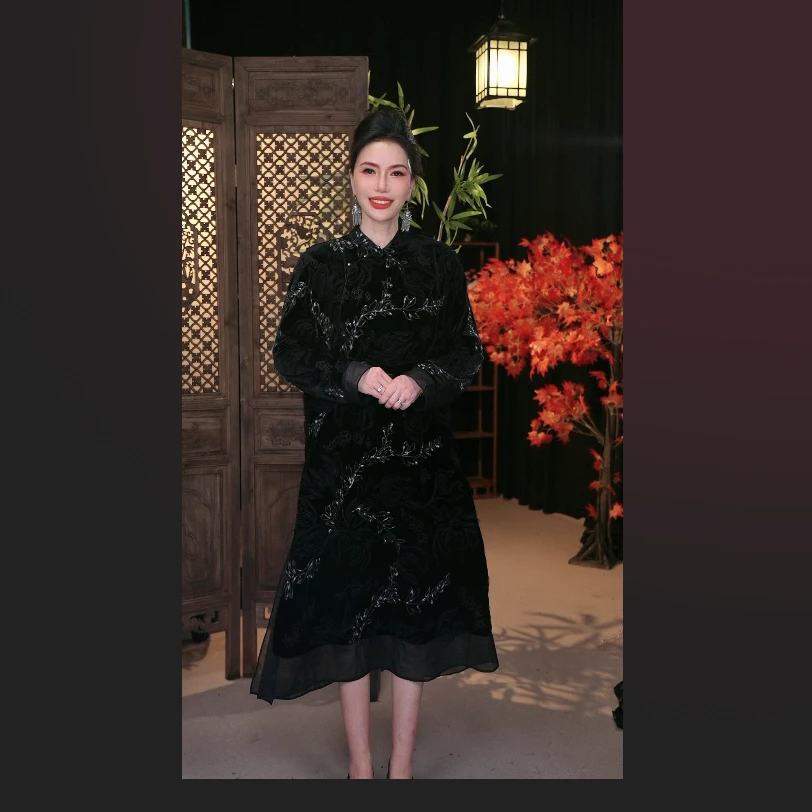 【挽星河】阔太太时髦女装妈妈装秋冬季气质款国风真丝丝绒连衣裙