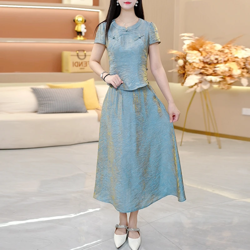 2025夏季时尚优雅提花新中式套装洋气上衣气质半身裙国风两件套女