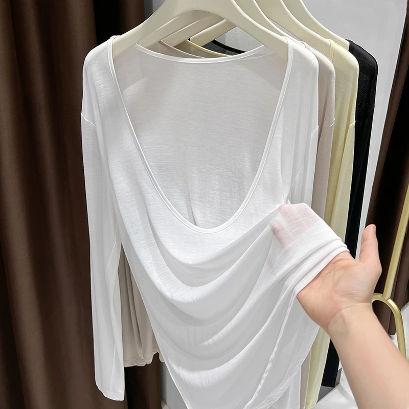 轻薄透气冰丝防晒罩衫女夏季深U领宽松显瘦上衣松弛感气质长袖t恤