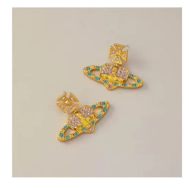 合金耳饰 心形西太后同款土星粉蓝钻耳坠设计桃心款耳饰026