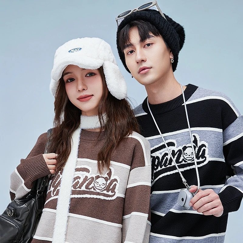 HiPanda你好熊猫冬季时尚情侣潮流毛绒保暖百搭休闲圆领针织毛衣