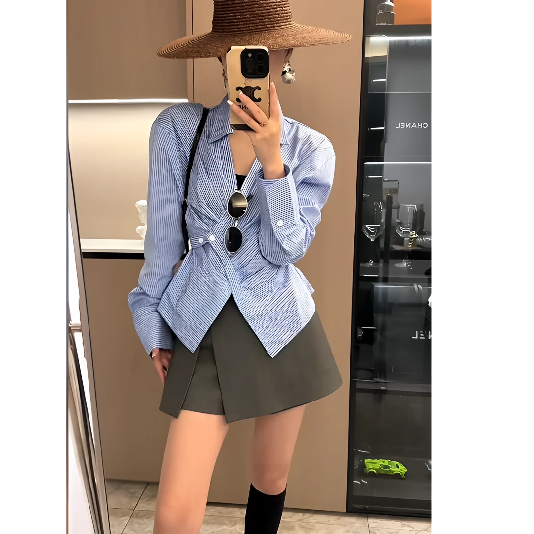 2025春千金风都市条纹百搭显瘦长袖衬衫+高腰休闲风裤裙时尚套装
