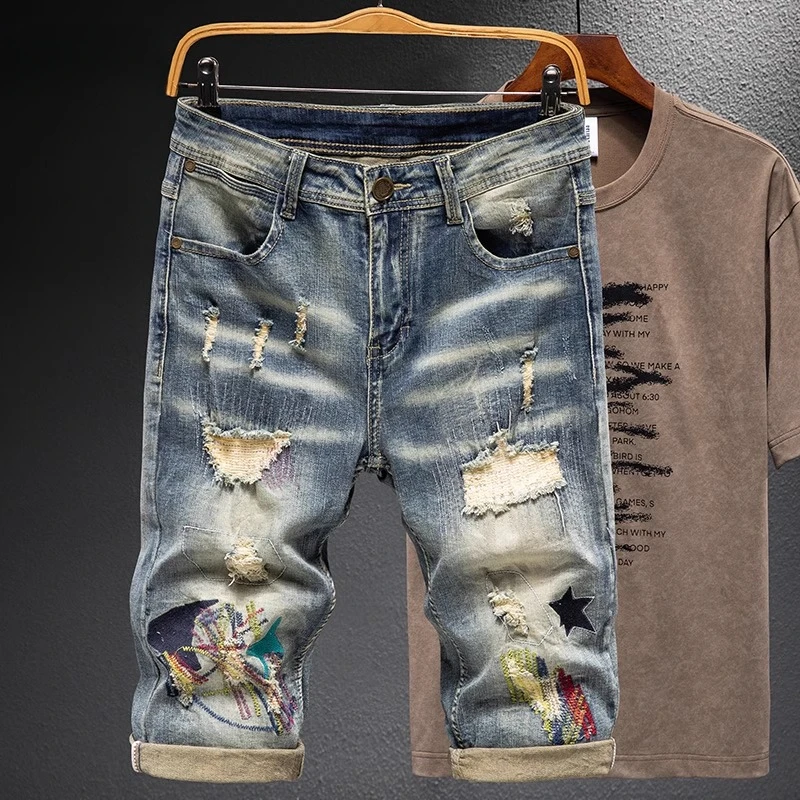 库约内姆破洞刺绣牛仔七分裤男夏季2025新款牛仔短裤大码弹力中裤