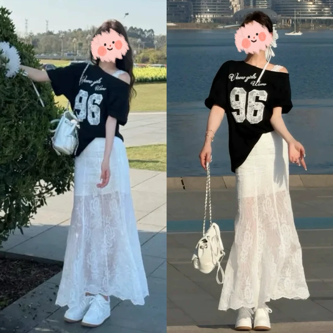 气质字母蕾丝露肩短袖t恤女2025夏季设计感宽松休闲百搭套头上衣