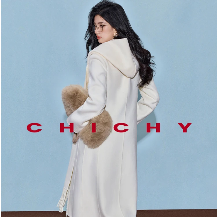 【尚雅】CHICHY附围巾白色长款双面毛呢大衣外套CWAC002244