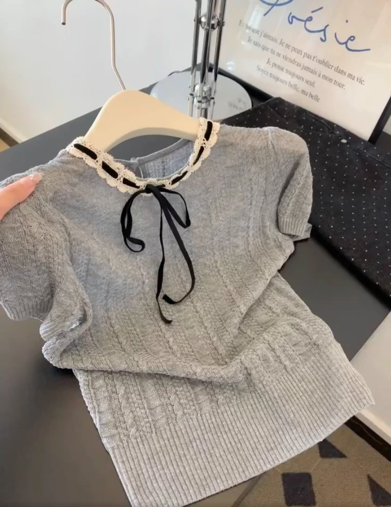 2025夏季新款设计感蝴蝶结系带花边领短袖t恤镂空针织休闲小衫