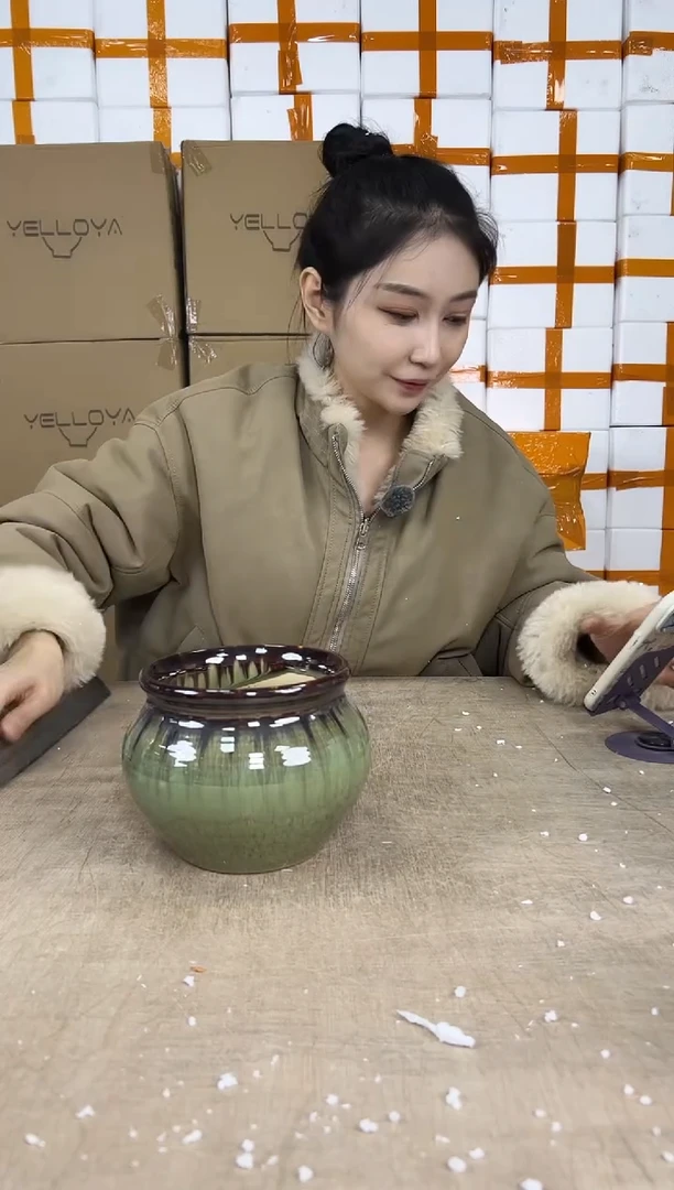 罐罐亮绿流釉14x12