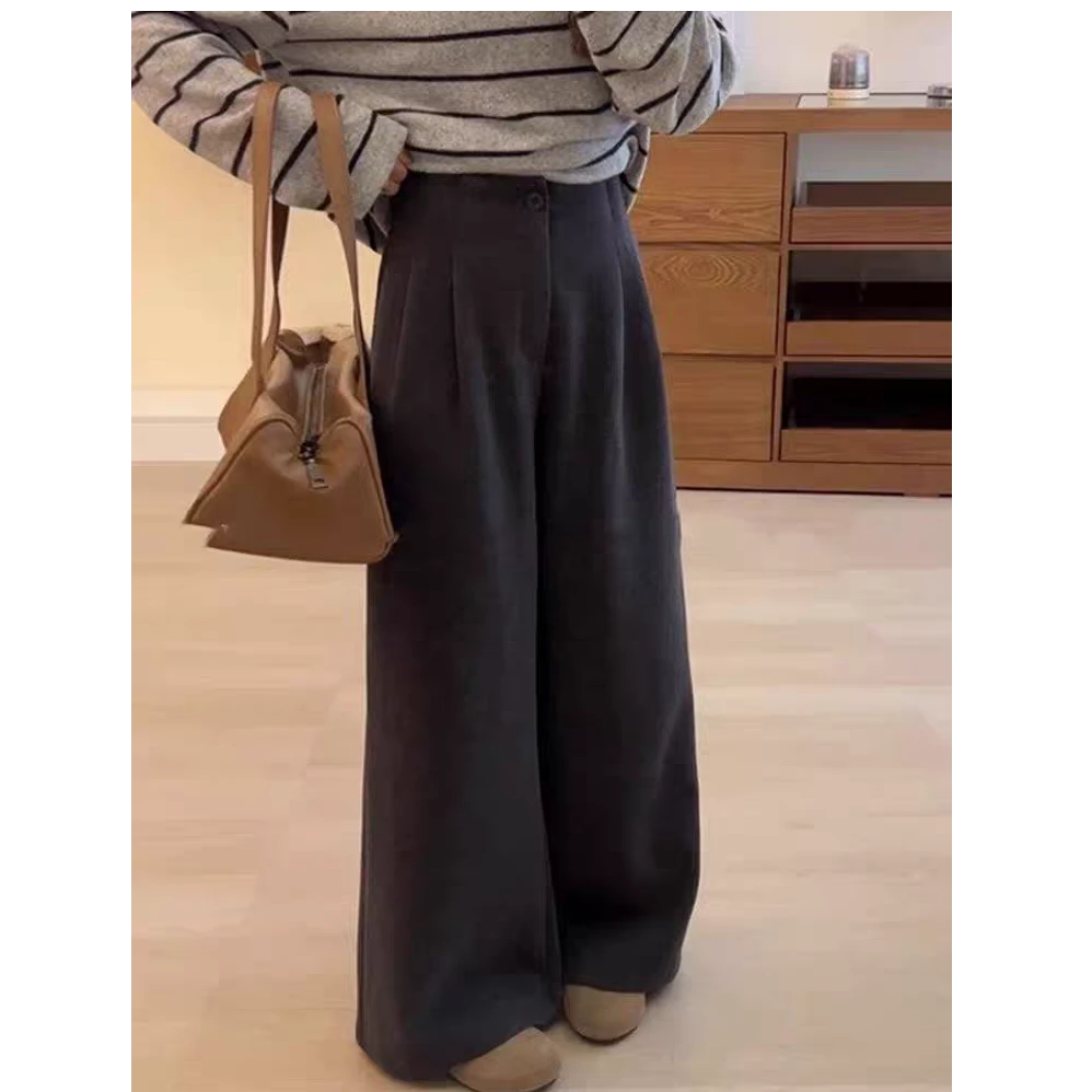 【现货+运费险】慵懒高级感灰色毛呢裤子女款高腰直筒裤阔腿裤