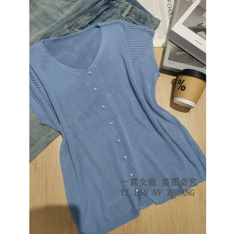 一霖女装2025新款飞飞袖V领短袖夏季显瘦百搭简约针织衫XT9364