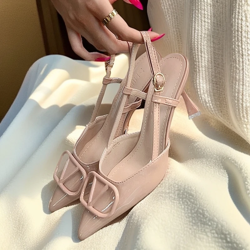 裸色尖头高跟鞋细跟包头设计法式气质凉鞋女夏季仙女风一字带女鞋