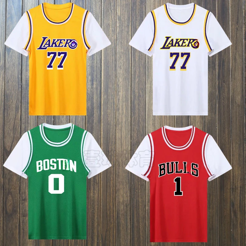 短袖假两件东契奇77号罗斯1号特人0号塔图姆布朗7球衣定制印号潮