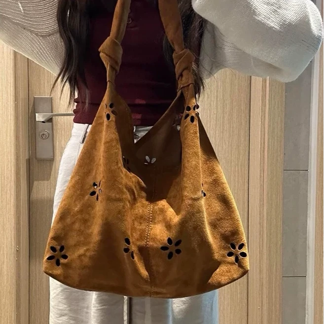 包包女式2025新款小众设计镂空单肩托特包复古大容量麂皮绒腋下包
