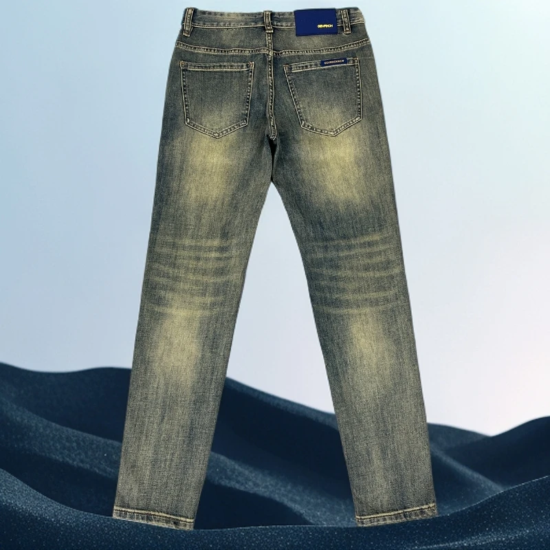 巴赛娜缇男士复古蓝牛仔裤时尚春夏薄款做旧水洗时尚潮流长裤子潮
