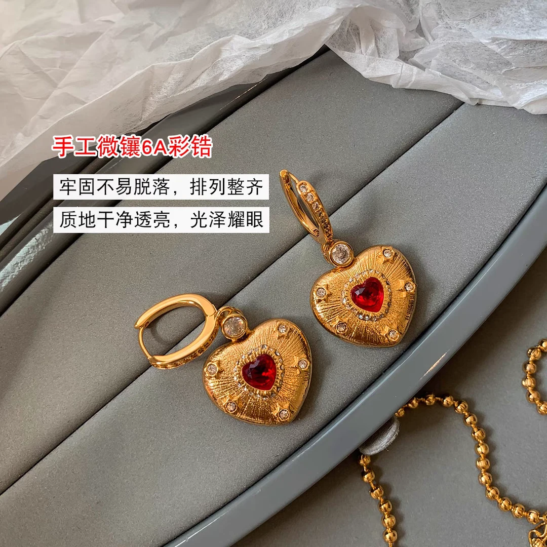 纯铜耳饰 红色锆石爱心无耳洞耳夹耳环女轻奢高级感独特中古复古