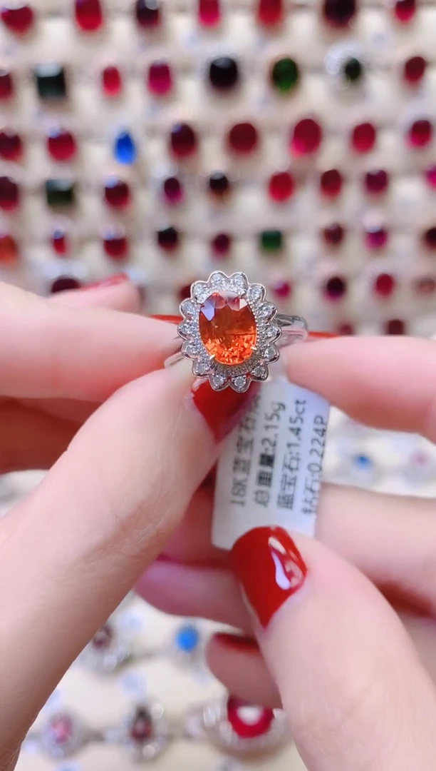 橙蓝宝戒指彩色蓝宝石18K金镶嵌1