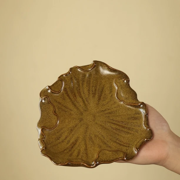 茶叶末釉 紫砂胎 荷叶 干泡台 复古创意茶道 纯手工