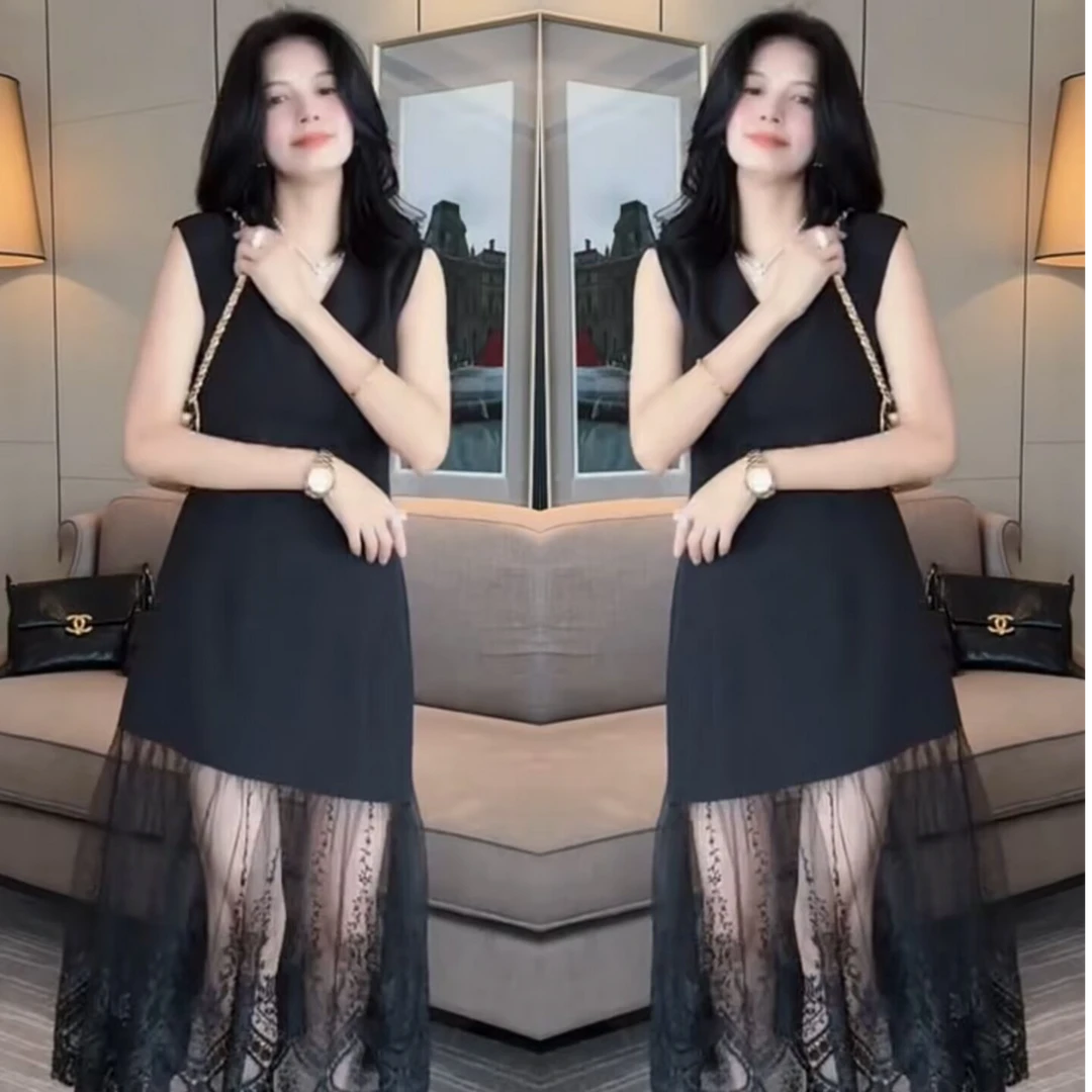洋气黑色夏季V领无袖纯色欧式小黑裙吊带裙遮肚拼接连衣裙