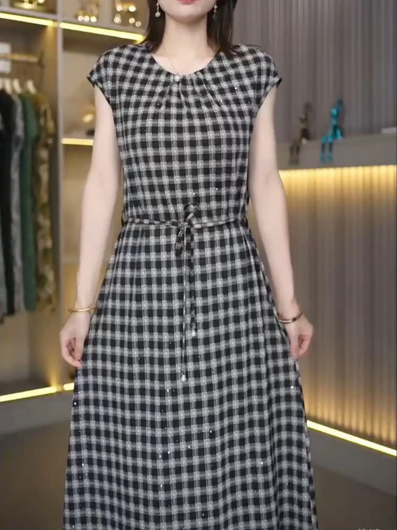 【配腰带】新款夏季插肩袖时尚洋气气质格子妈妈装连衣裙H-04#