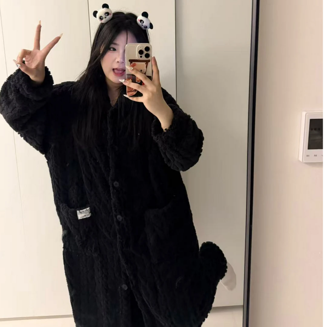 大码黑色长款睡袍套装珊瑚绒睡衣女秋冬季加绒加厚休闲冬天家居服