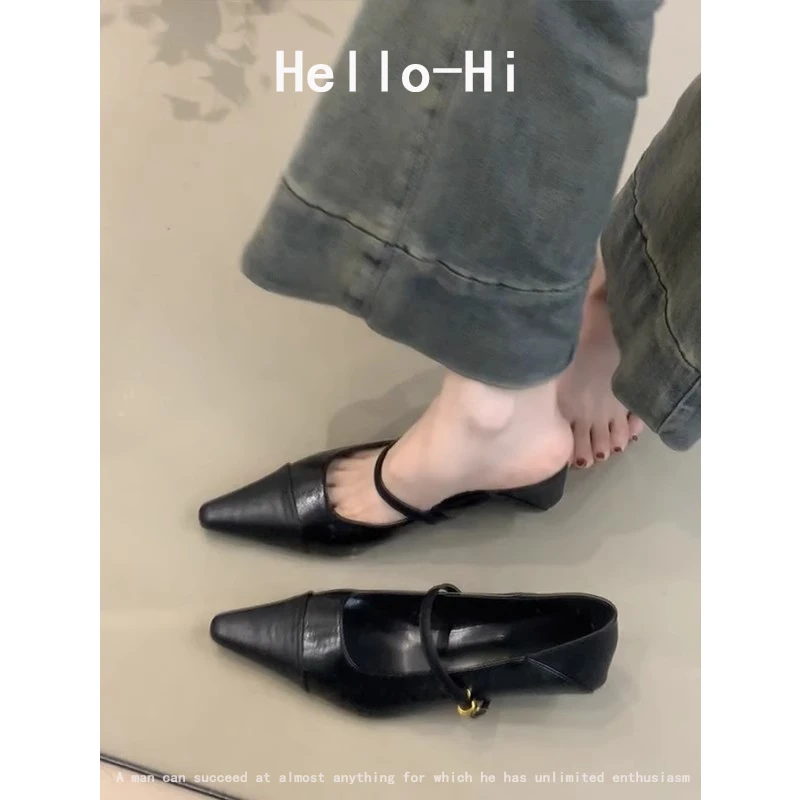羊皮版~棕色复古尖头气质一字扣带单鞋女法式低跟玛丽珍鞋高跟鞋