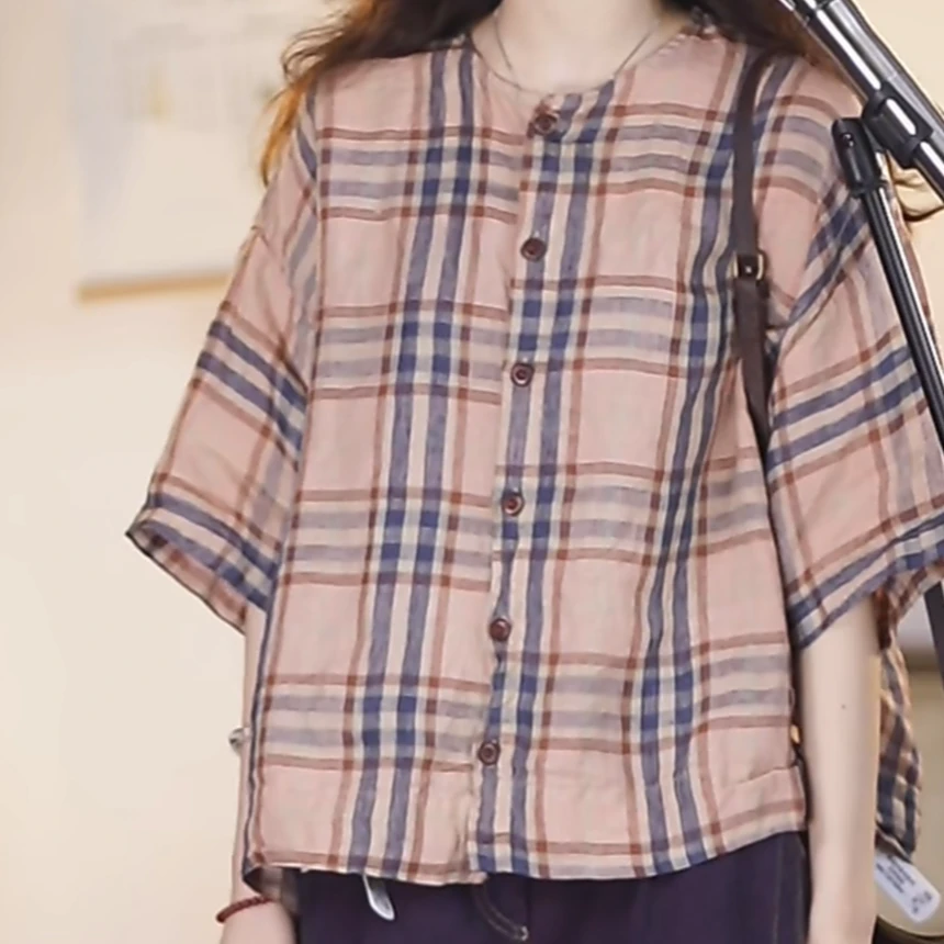 2025缺一色短袖亚麻衬衫休闲百搭夏季格纹纯色8930