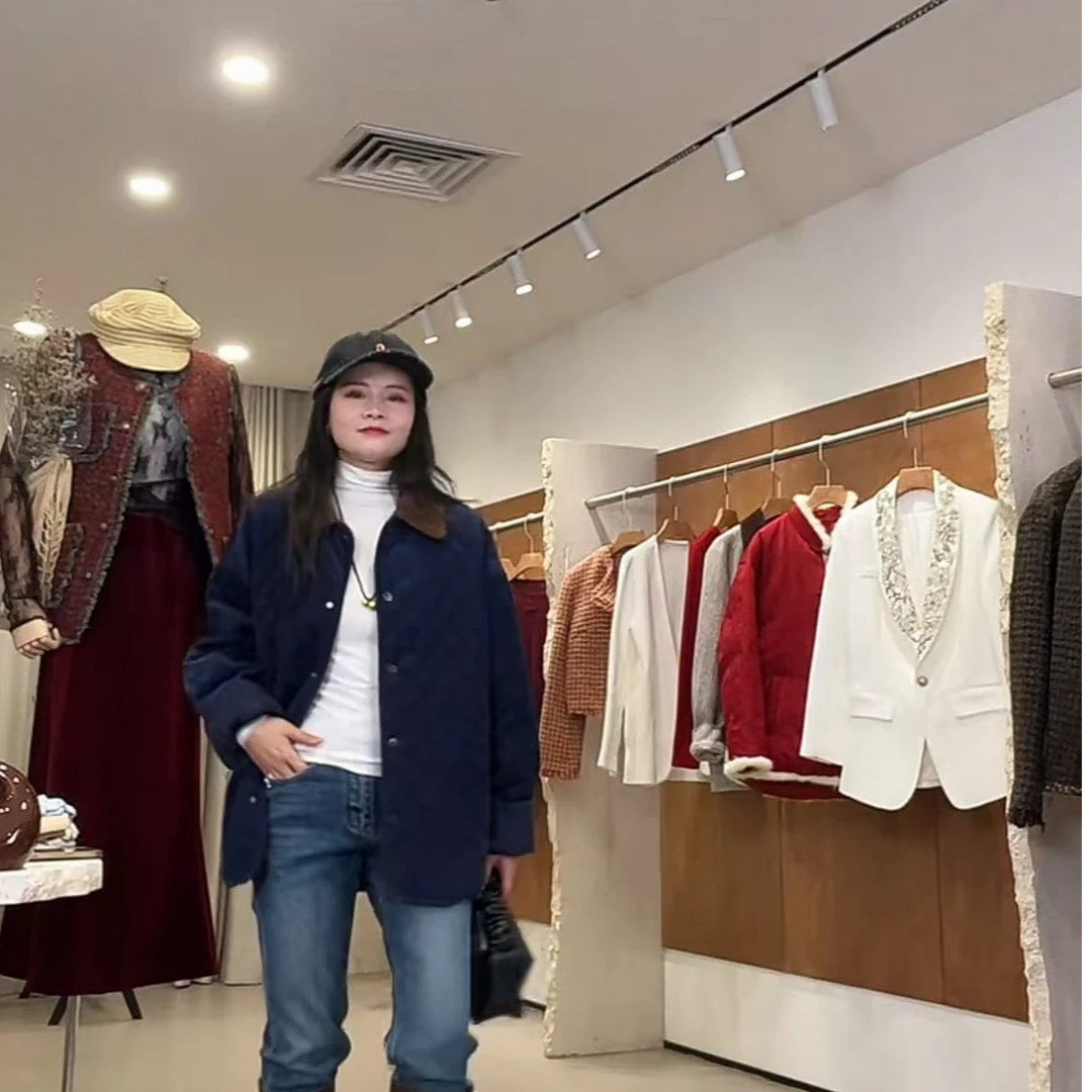 【小黑家】长68 高端复古经典撞色领口菱格灯芯绒棉服百搭外套Y25