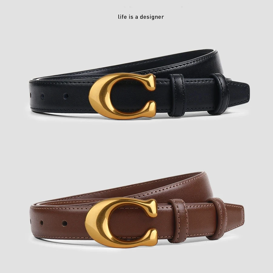 皮带女士真皮时尚百搭腰带装饰C字母扣轻奢牛仔裤带休闲简约牛皮
