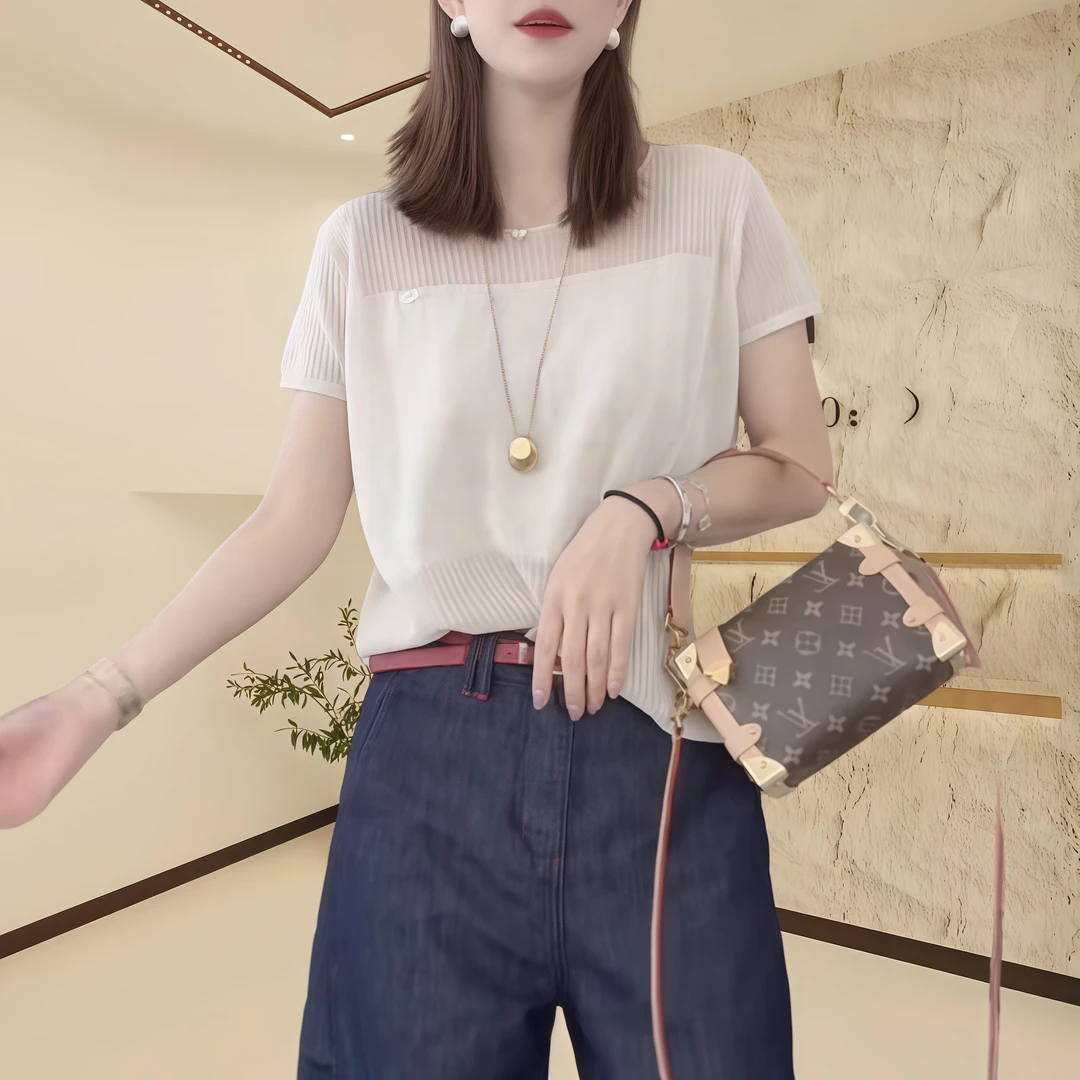 贝贝 夏季镂空针织衫女款爆款2025新款韩版小个子宽松显瘦短袖T恤