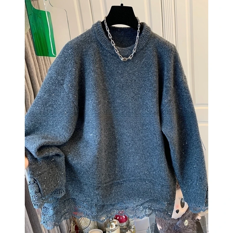 高级感气质亮片蕾丝假两件毛衣针织衫宽松内搭上衣女2025冬装新款