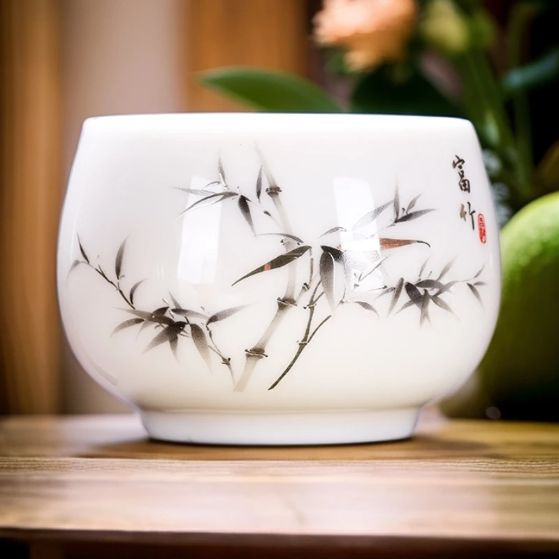 三商羊脂玉瓷高档个人专用品茗茶杯白瓷主人杯大号简约陶瓷
