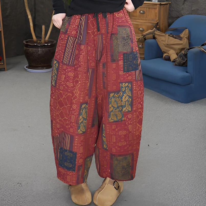 【棉裤】老爹裤民族风印花高腰休闲裤松紧腰提花休闲复古文艺