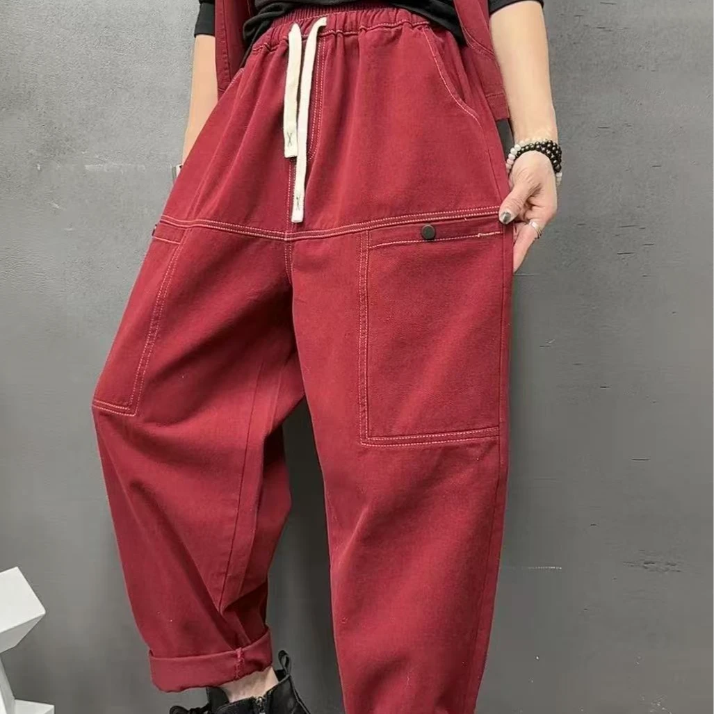 22079早春新款纯色大口袋抽绳明线打杆百搭气质休闲裤