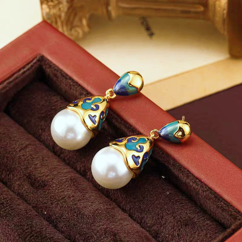 铜合金仿珍珠耳饰 耳环民族风气质复古饰品女古风亮百搭蓝色