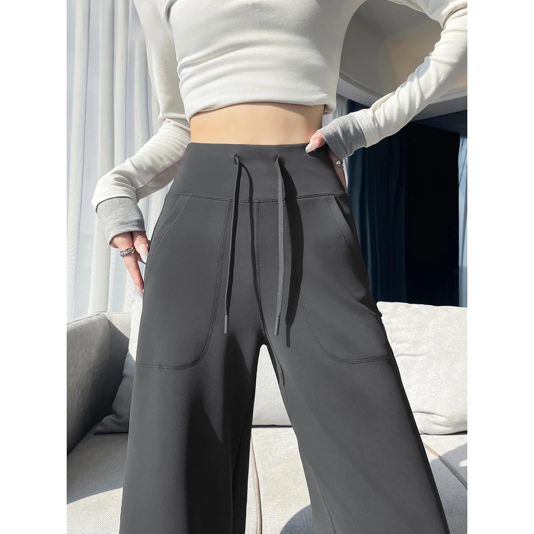 灰色窄版运动裤女春秋2025新款高腰垂感休闲卫裤瑜伽直筒阔腿裤子