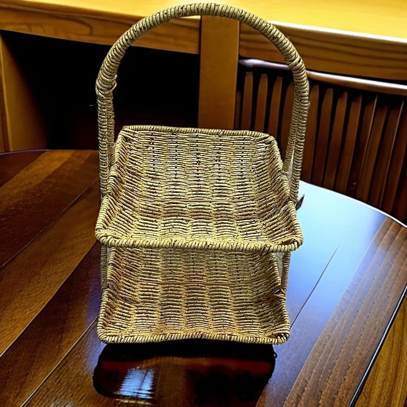 HR15双层浅咖色创意型方形加固收纳篮纯手工编织