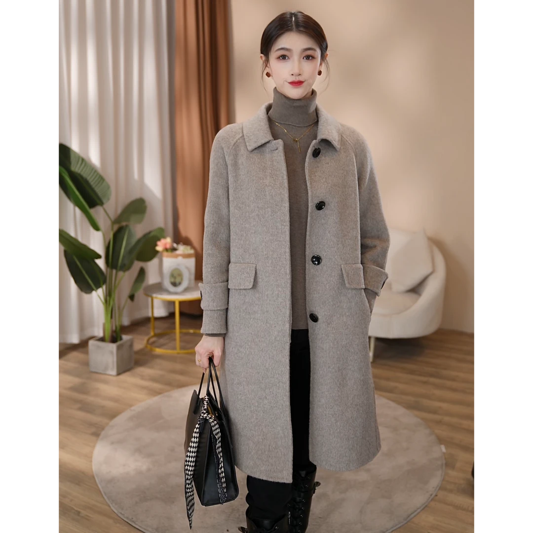 曼贝2024冬季新款双面100绵羊毛大衣气质毛呢外套9284002