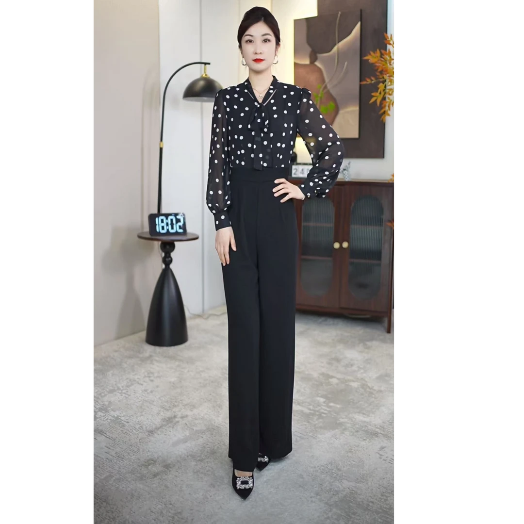 女装直筒腿百搭连体裤休闲风减龄长裤时尚套装显瘦波点高腰