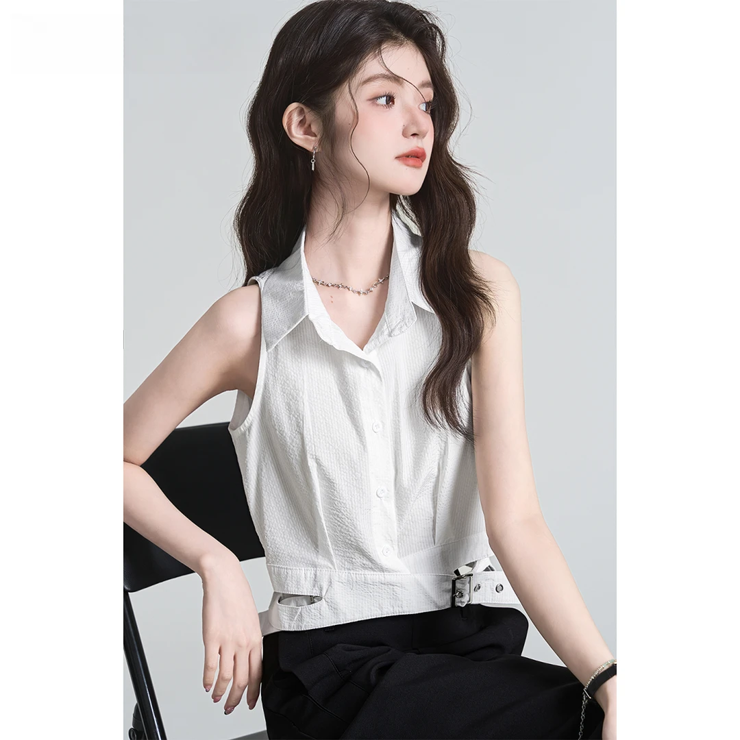 帛卡琪修身无袖衬衫背心女装夏季设计感纯欲风白色衬衣休闲上衣
