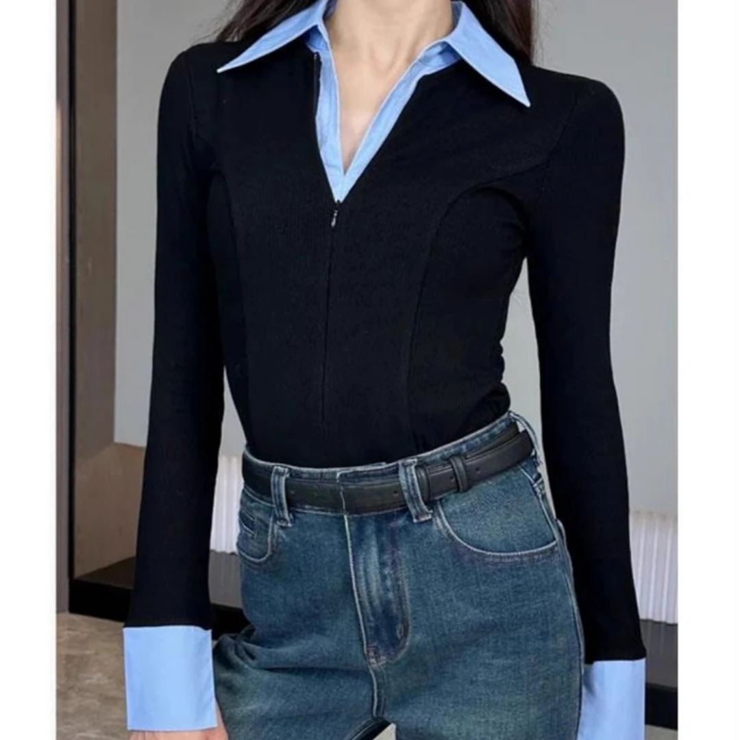 学院风拼接长袖polo领t恤打底衫女秋冬季内搭可外穿修身气质上衣