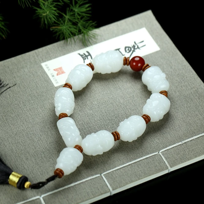 【人之初臻品】收藏级新疆和田玉羊脂白玉十八罗汉手串单圈佛头手持