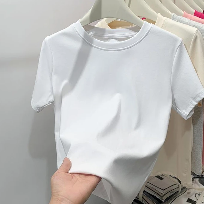 短袖T恤女夏季2025新款纯色白色内搭打底基础款简约圆领正肩上衣