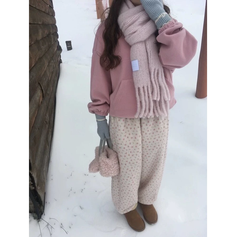 “冬日暖暖裤”韩系满天星小樱花休闲百搭奶昔系直筒束脚两穿裤-B