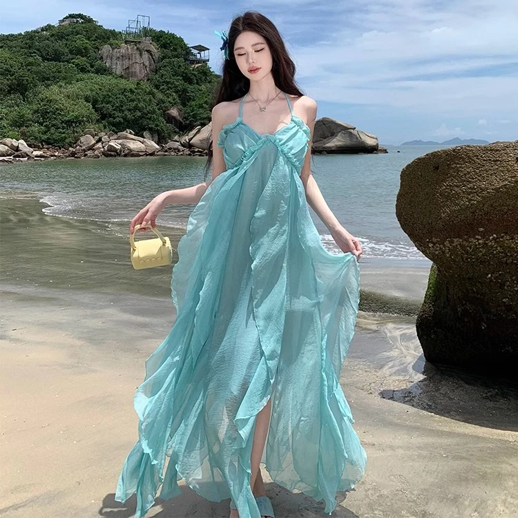 法式绝美蓝绿度假风挂脖吊带连衣裙海边拍照沙滩裙子仙女露背长裙
