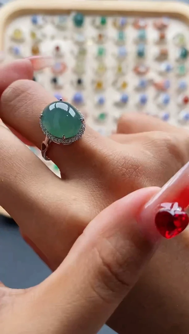 【闪购商品】翡翠戒指银S925镶嵌缅甸天然A货翡翠111 8-8