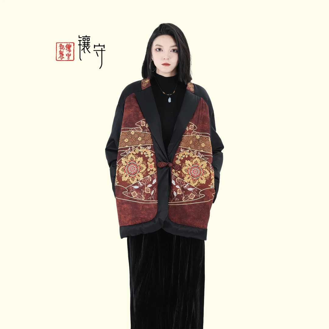 【镶守·枫叶】冬季设计师中式宽松羊皮毛一体中长款白鹅绒服8680