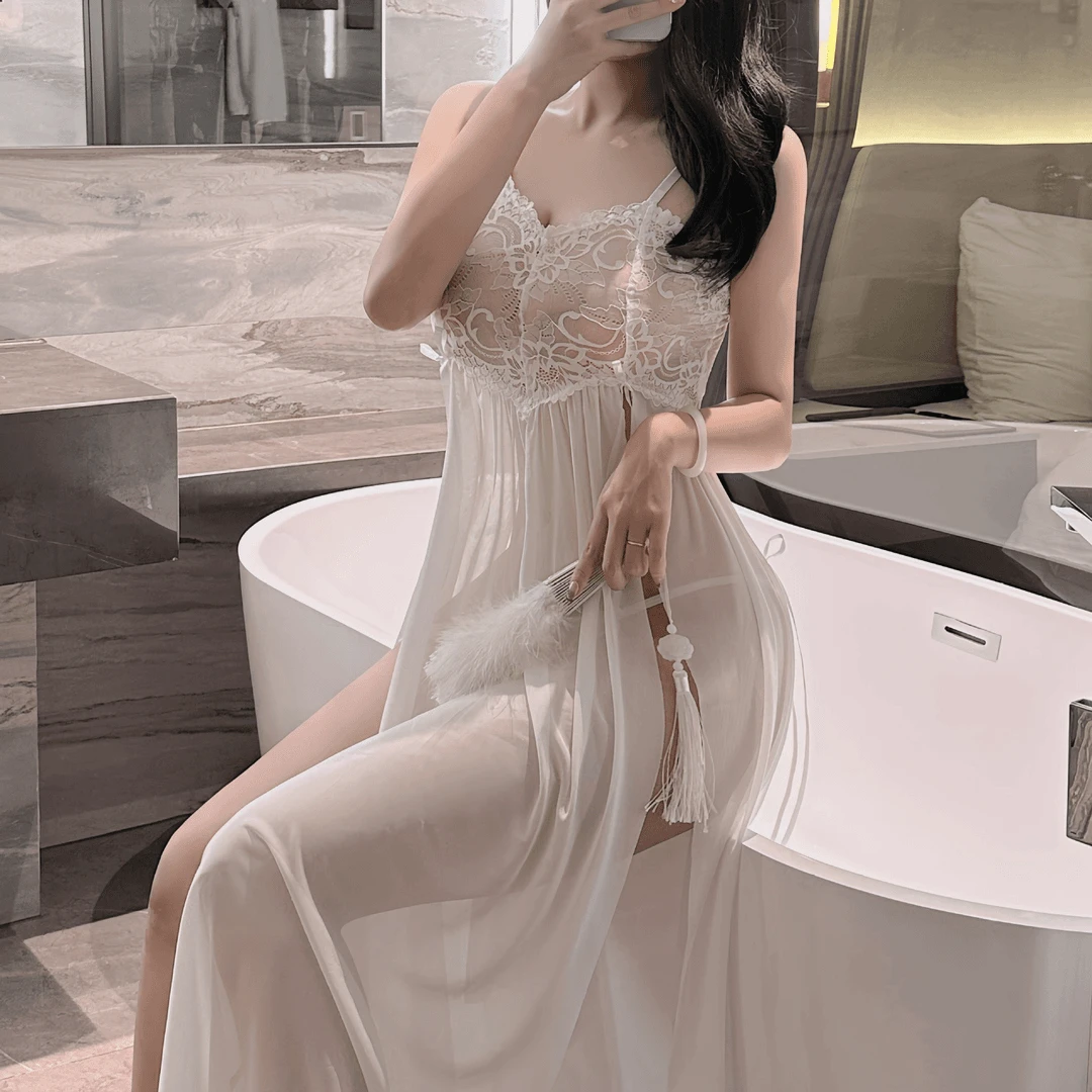 法式蕾丝吊带睡裙夏季性感高开衩网纱薄款纯欲风