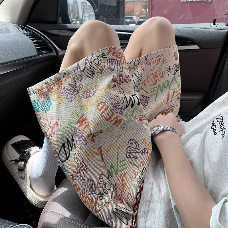 字母涂鸦针织短裤男夏季薄款潮牌美式满印裤子复古沙滩度假五分裤