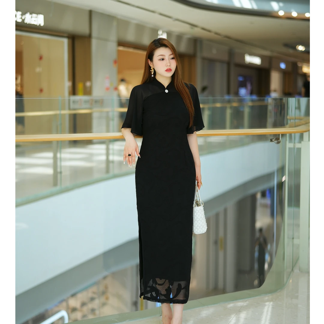 XYD71544旗袍淡雅薄款秀气显瘦飞飞袖遮手臂提花大码女装连衣裙