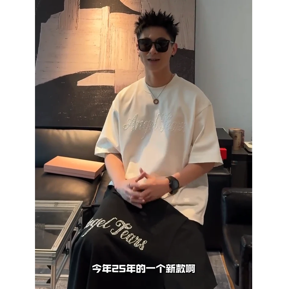 小雨珍珠钉珠重磅棉质感短袖T恤男女情侣上衣潮牌夏季美式半袖