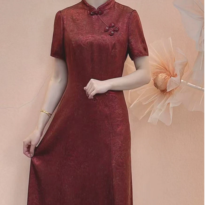 【爱娜女装】夏季新款修身显瘦气质中国风优雅新中式红色连衣裙